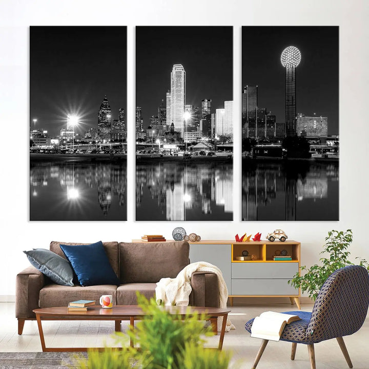 The Dallas City Lights Skyline Black and White Wall Art Cityscape Canvas Print is a striking addition to any space. These museum-quality canvases feature a UV-protective coating to maintain their beauty over time. Enjoy the convenience of free shipping when you choose this elegant piece for your home.