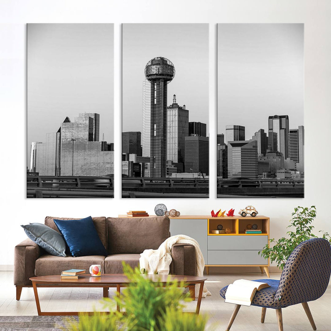 The Dallas City Lights Skyline Black and White Wall Art is elegantly displayed on museum-quality canvas.