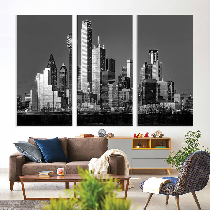 The Dallas City Skyline Black and White Wall Art Cityscape Canvas Print features a gallery-wrapped, museum-quality finish.