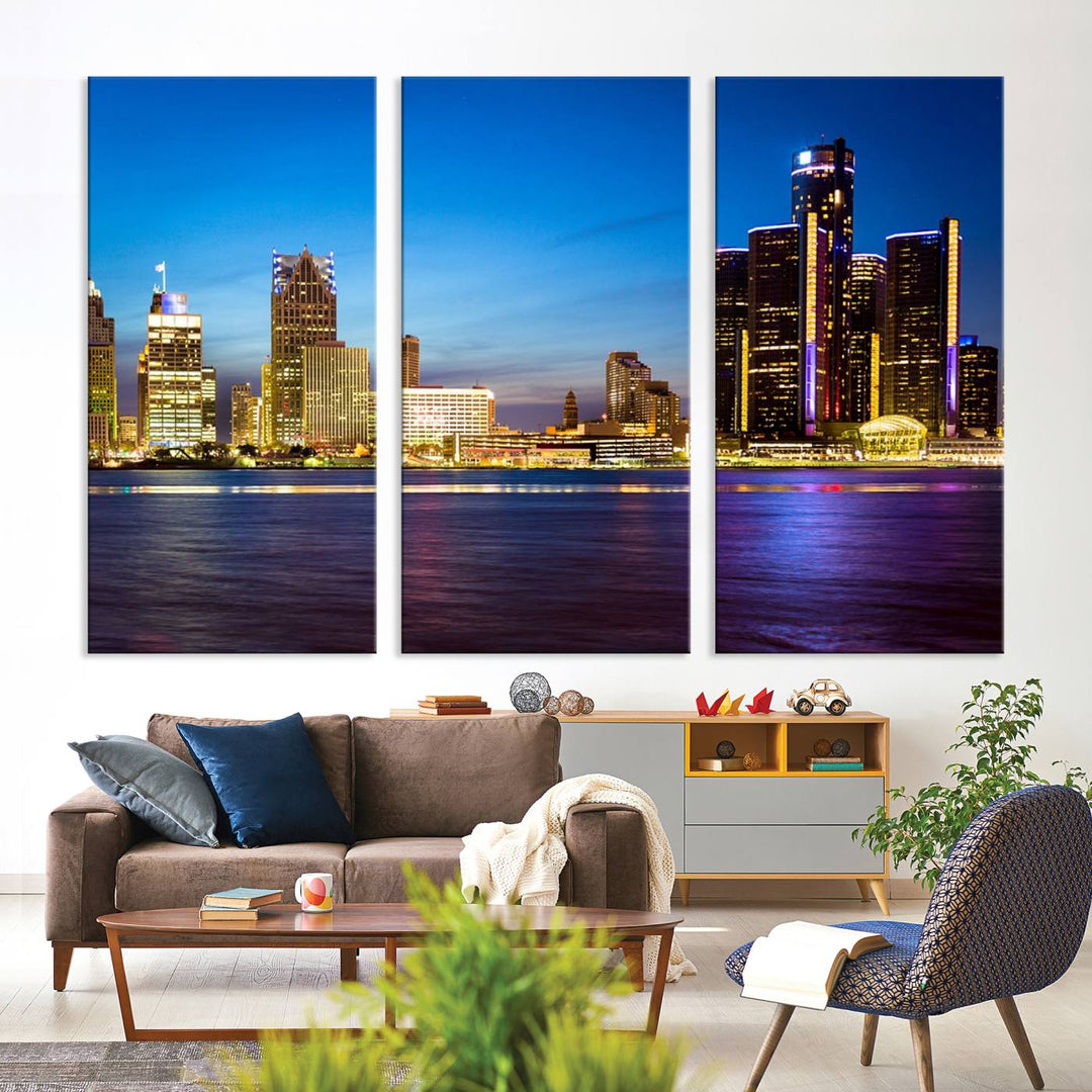 The living room features a breathtaking canvas print titled "Detroit City Lights Night Bright Blue Skyline Cityscape View," presented in a stunning triptych format on museum-quality canvases that are ready to hang.