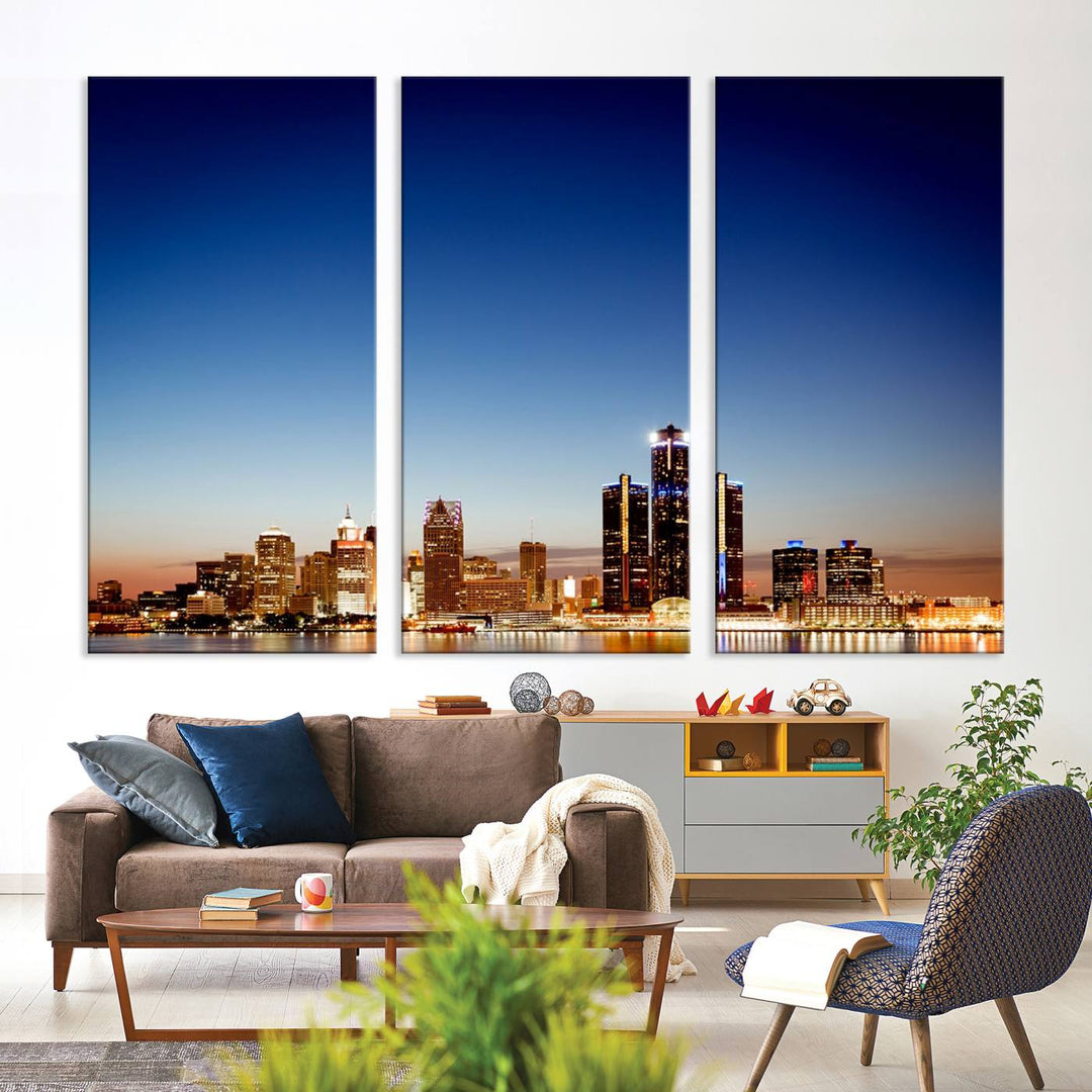 The Detroit City Lights Sunrise Skyline Cityscape View Wall Art Canvas Print adorns the modern living room. Crafted on museum-quality canvas with a UV-protective coating, this piece is ready to hang and elegantly elevates your décor.