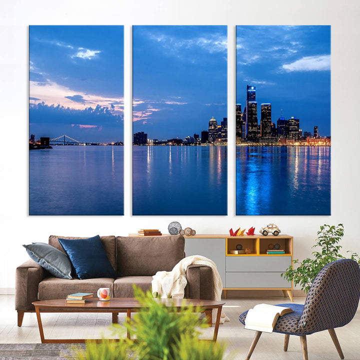 The "Detroit City Lights Night Blue Cloudy Skyline Cityscape View" wall art, displayed on museum-quality canvases, is split into three gallery-wrapped panels.