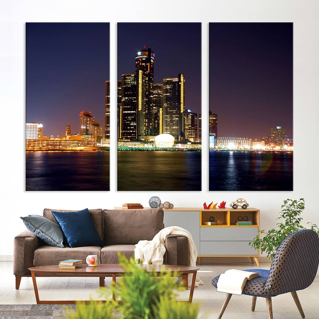 The Detroit City Lights Night Skyline Cityscape View Wall Art Canvas Print, elegantly split into three panels, is made from museum-quality pollycotton and gallery wrapped for a sophisticated touch. It is available with free shipping to effortlessly elevate your space.