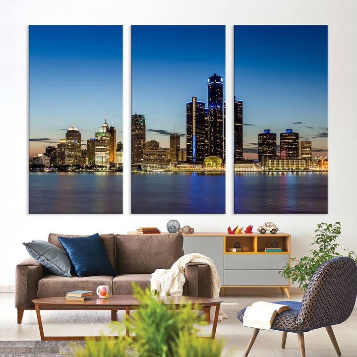 The "Detroit City Lights Sunrise Skyline Cityscape View Wall Art Canvas Print" on the wall is a triptych gallery-wrapped on museum-quality canvas, adding an elegant touch to the space.