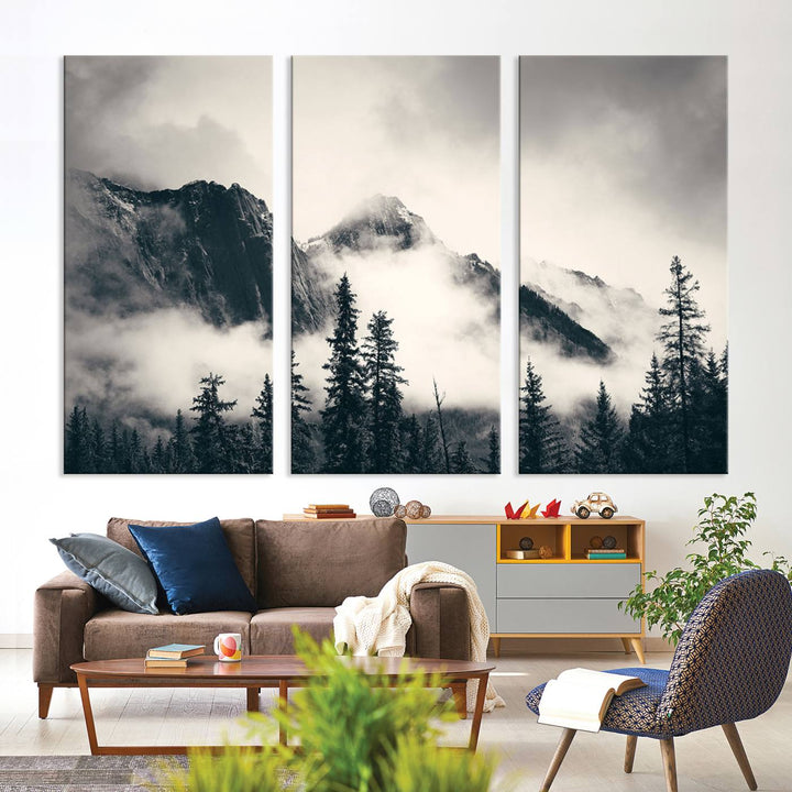 Large Foggy Mountain Forest Wall Art Canvas Print | Misty Mountain Peaks and Pine Trees Print | Framed Gallery Wrap | Rustic Nature Farmhouse Decor