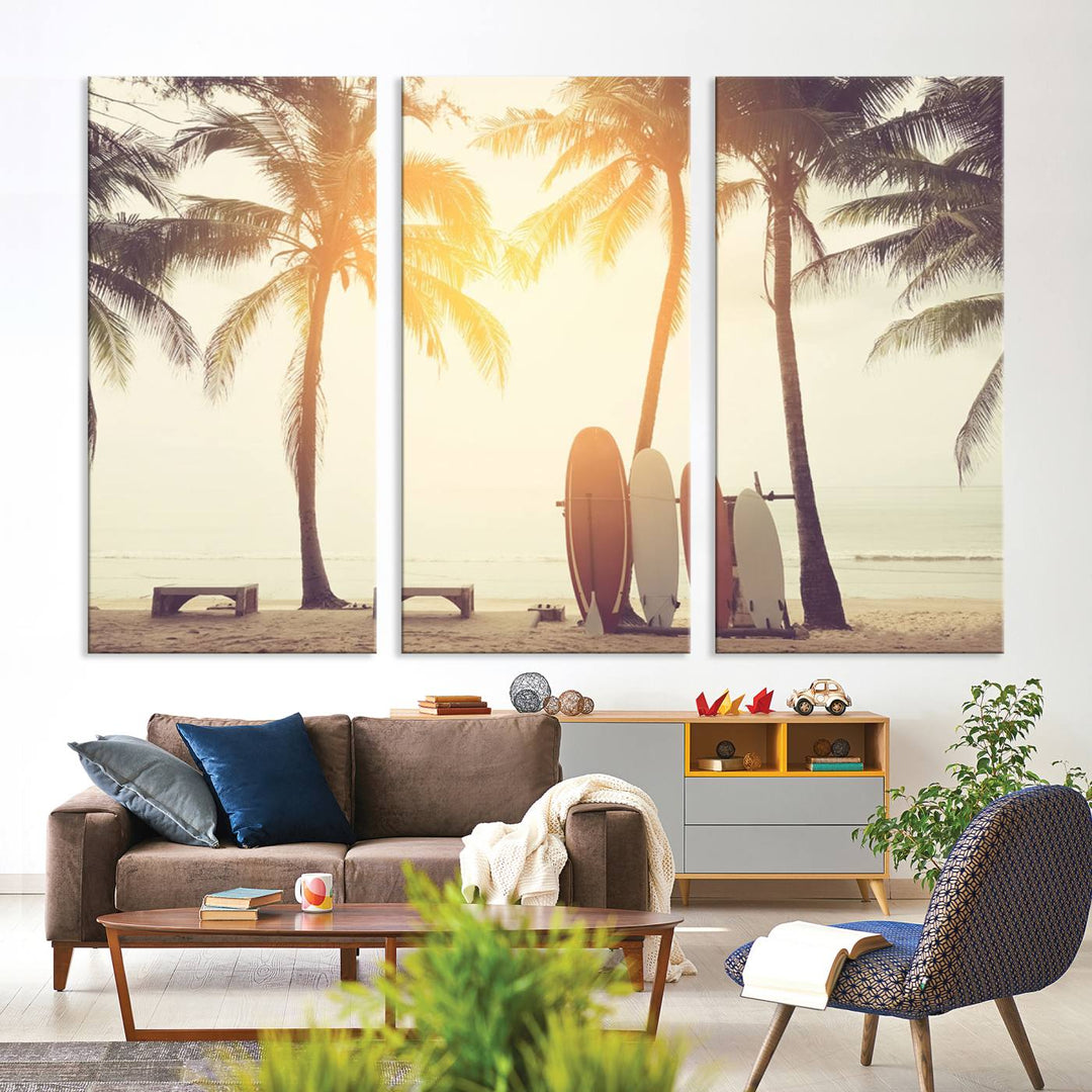 Surfboard and Palm Tree on Beach Double Exposure with Colorful Bokeh Sunset Light Wall Art Canvas