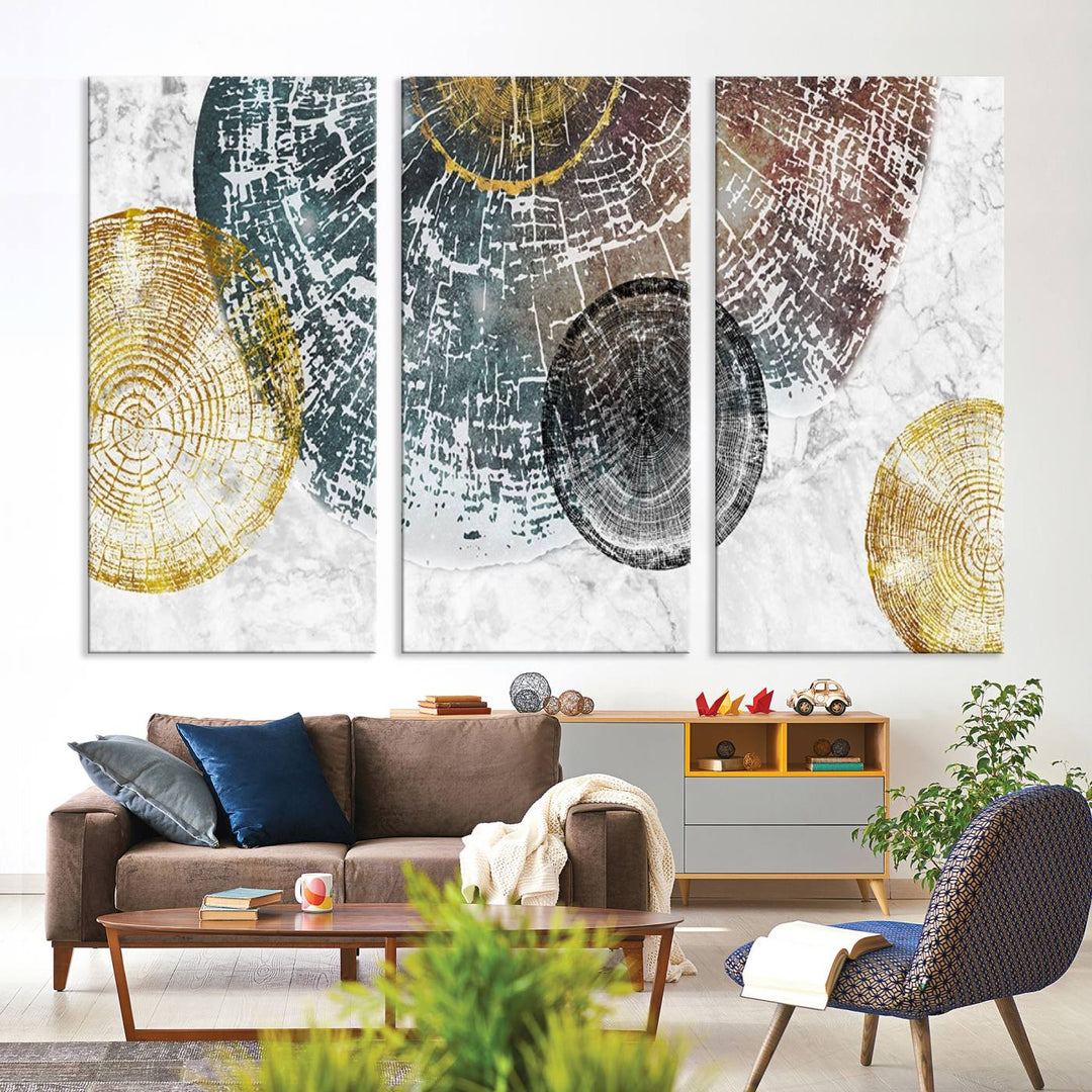 Contemporary living room showcasing the "Wood Lines" 3 Panel Abstract Wall Art Canvas Print displaying museum-quality tree ring art on the wall.