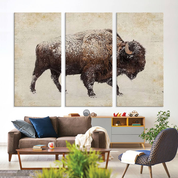 The "Buffalo Wall Art" canvas print, featuring a Western bison, hangs prominently, infusing the space with rustic cowboy and Western decor.