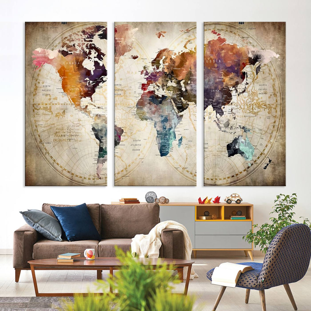 A World Map Wall Art Canvas Print featuring vibrant colors is crafted on museum-quality canvas, adding a touch of elegance to the room.