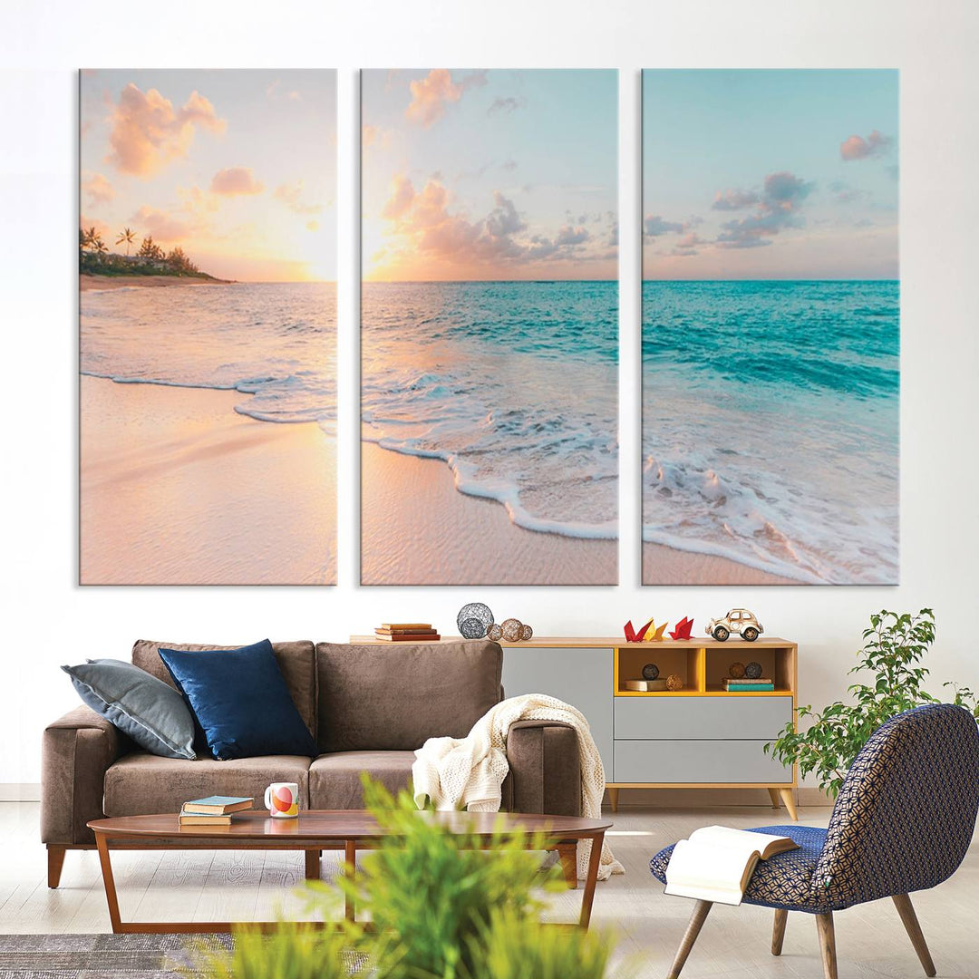 Beach Sunrise Wall Art, Coastal Seascape Canvas Print, Ocean Wave Multi-Panel Giclee, Coastal Sunset Beach Scene for Modern Decor