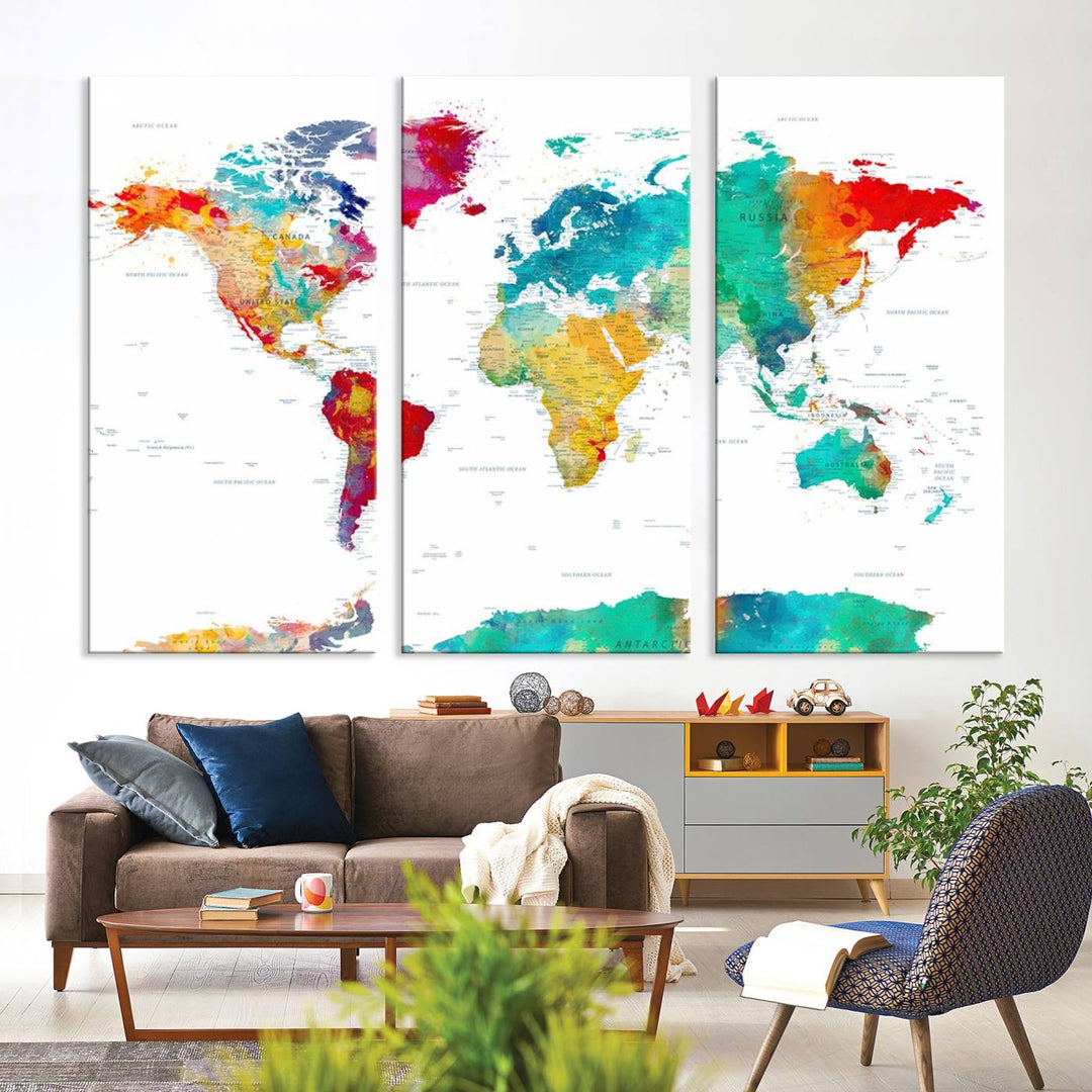 A stunning Colorful World Map Triptych Canvas Print, featuring a ready-to-hang framed design, adds vibrancy and modern flair to the space, effortlessly elevating the entire home décor.