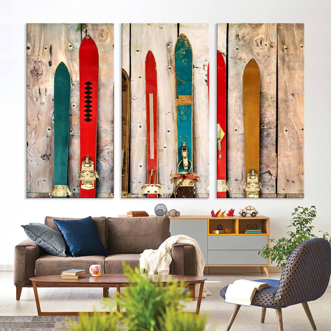 Vintage ski wall art on giclee canvas. Retro ski decor for cabin wall decor and ski lodge-themed interiors. High-quality, multi-panel print set.