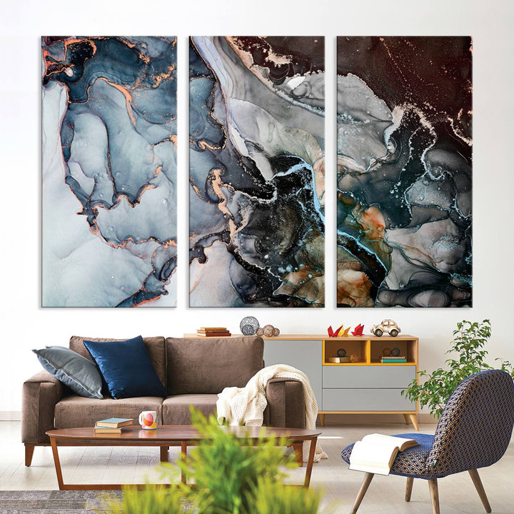 The Mix Color Large Abstract Marble Wall Art Canvas Print is printed on museum-quality canvas. It features a UV-protective coating and is ready to hang, adding elegance to the room.