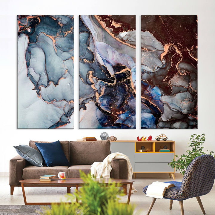 Brown Blue Abstract Marble Wall Art Canvas Print