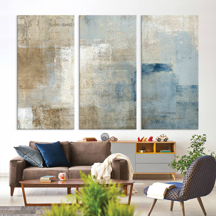 Abstract Blue and Beige Wall Art, Modern Minimalist Canvas Print Set, Giclee Textured Art, Large Multi-Panel Artwork for Living Room