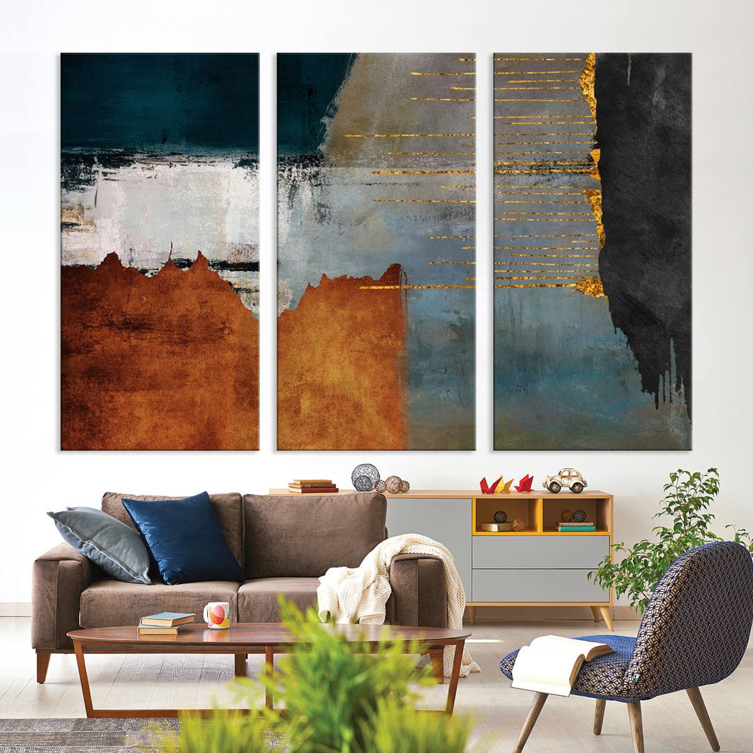 A contemporary living room showcases a modern abstract canvas art print titled "Modern Abstract Canvas Art," framed and ready to hang.