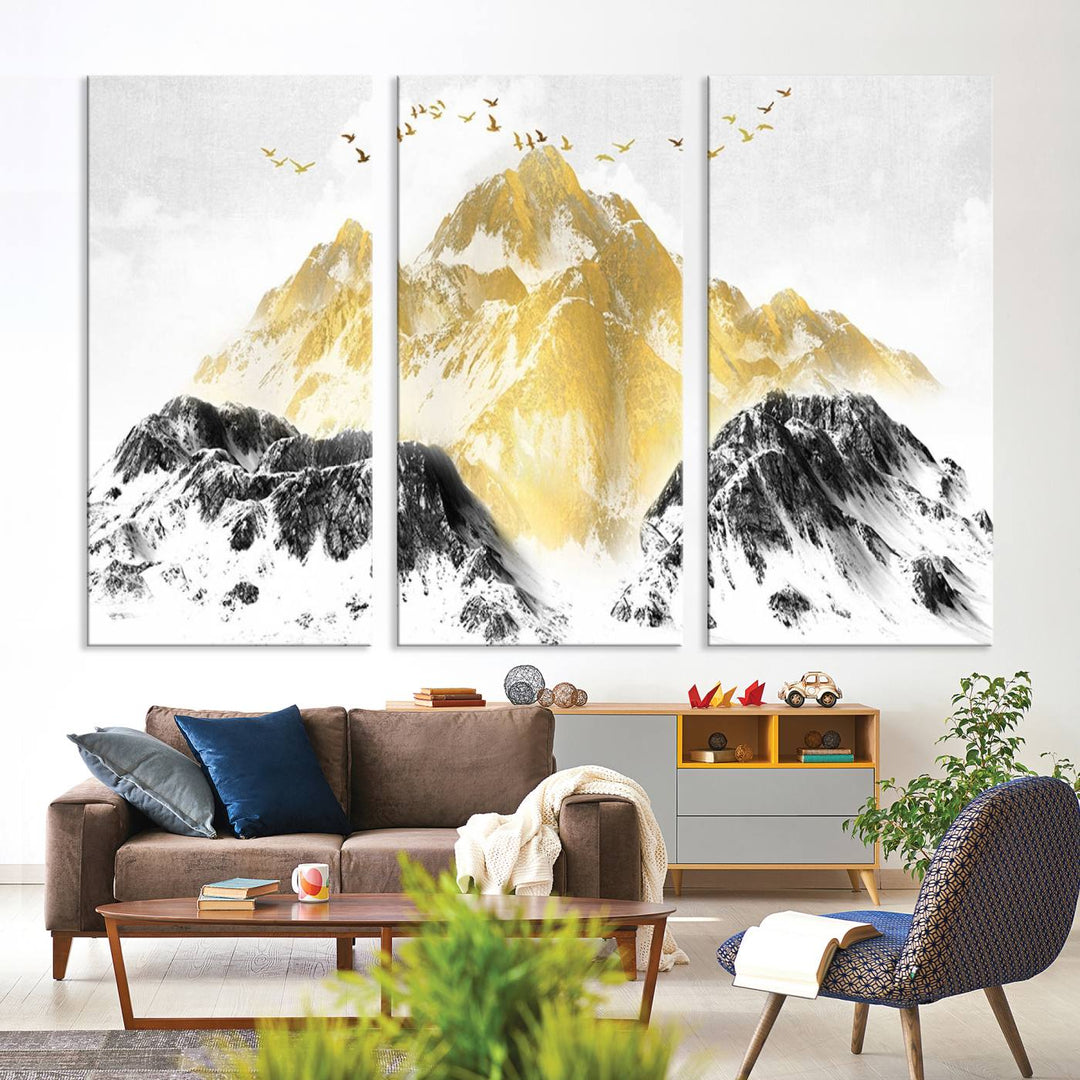 Golden Mountain Triptych Wall Art, Modern Giclee Canvas Print, Nature Landscape Decor for Living Room, Contemporary Gold and Black Wall Art