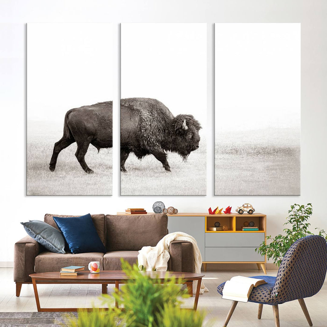 American Bison in Grasslands Triptych Canvas Wall Art – Western-Inspired Nature Decor for Home or Office