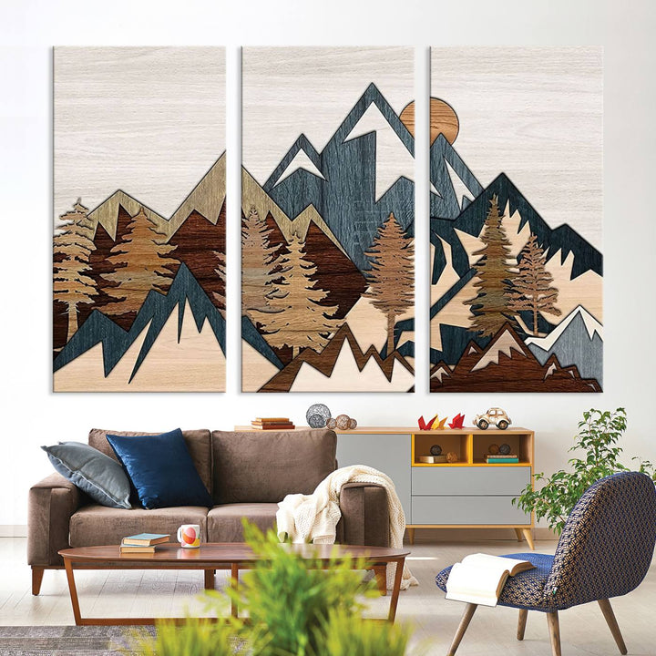 Woodland Mountain Landscape Triptych, Giclee Canvas Art for Modern Home, Rustic Wooden Nature Wall Art, Large Mountain and Tree Canvas for Living Room