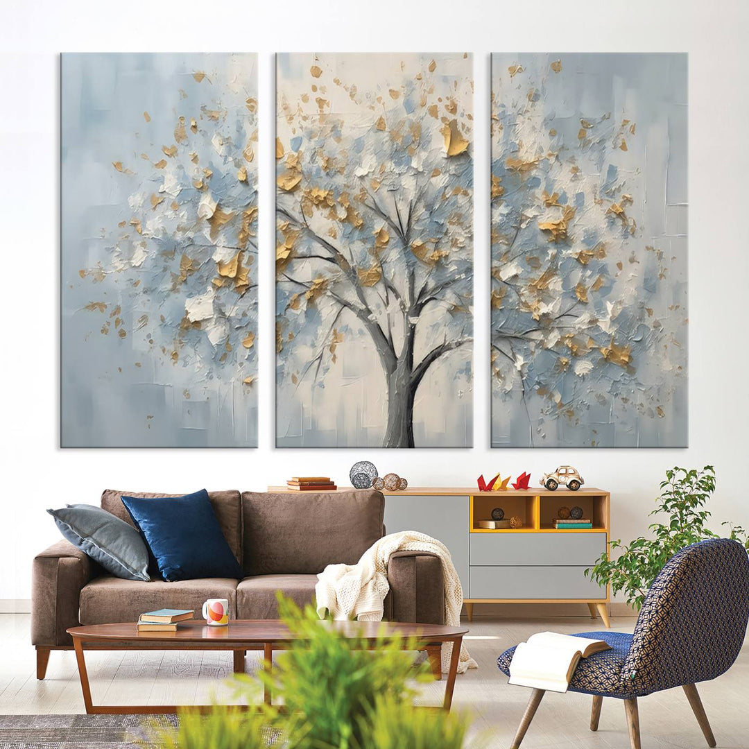 Abstract tree canvas wall art with gold and blue textured leaves, ready to hang in living room or bedroom.