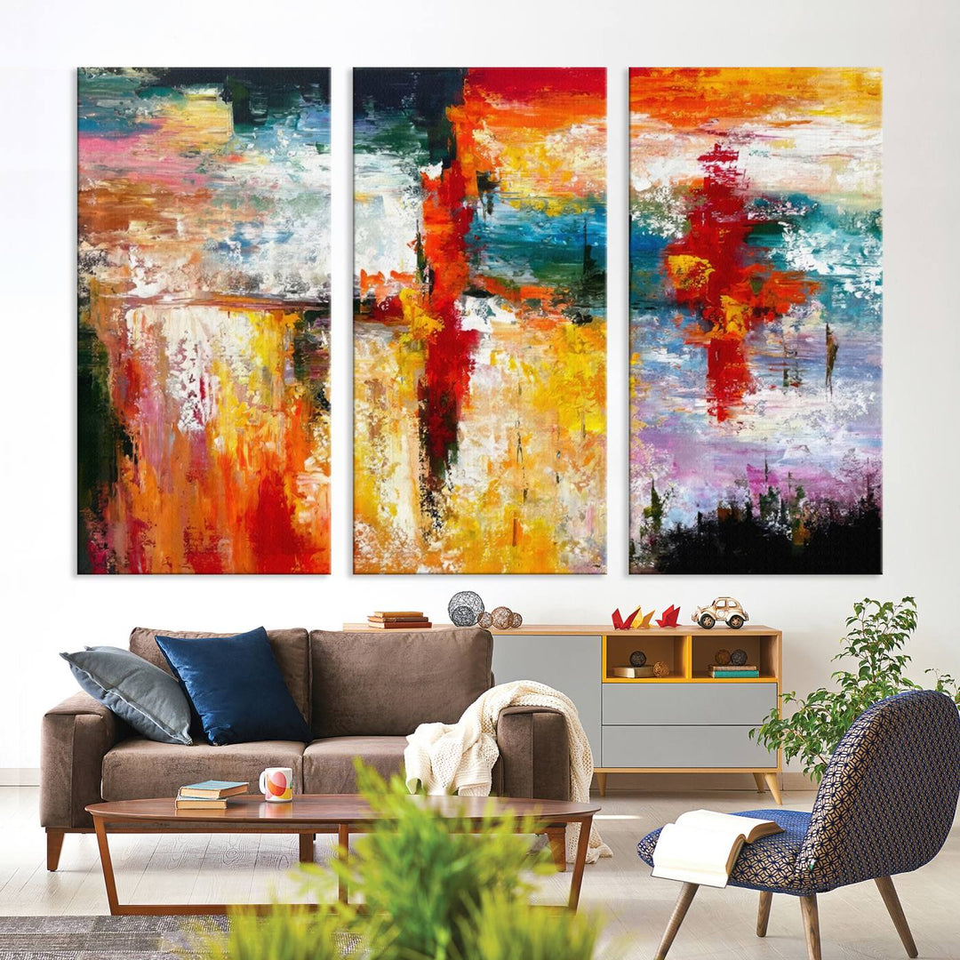 A Colorful Abstract Wall Art Canvas Print graces the wall, making this ready-to-hang masterpiece, complete with UV-protective coating, perfect for elevating any space with its vibrant allure.