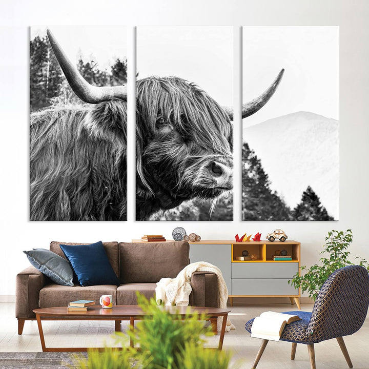 The Scottish Longhorn Wall Art Canvas Print features a highland cow with long horns and shaggy hair displayed on a museum-quality canvas. Equipped with a UV-protective coating for durability, it's ready to hang and enjoy for years to come.