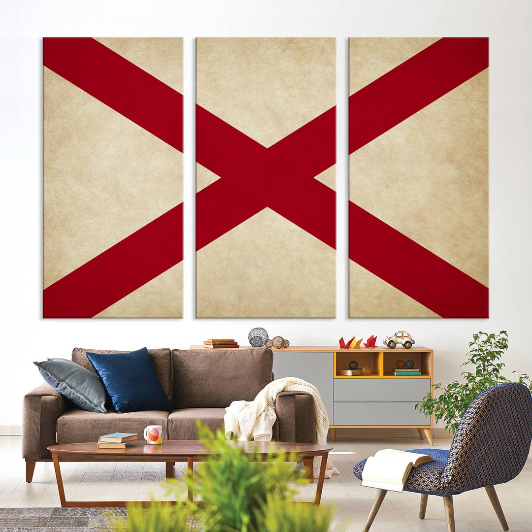 The USA Alabama States Flag Wall Art, featuring a red diagonal cross on a cream background, is elegantly displayed on museum-quality canvas with a UV-protective coating.