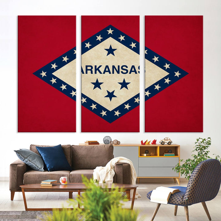 The Arkansas Flag Wall Art Canvas Print is displayed on gallery-wrapped, museum-quality canvases. Its vibrant colors are preserved by a UV-protective coating, ensuring long-lasting brilliance in your living space.