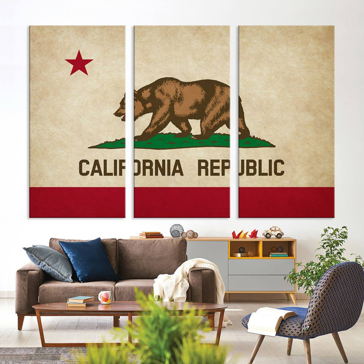 The Calinia States Flag Wall Art Canvas Print, featuring a bear and star design reminiscent of the California Republic flag, is crafted on museum-quality polycotton canvas with a UV-protective coating and is proudly made in the USA.