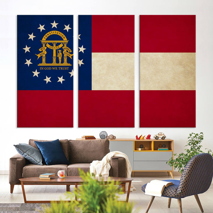 The Georgia States Flag Wall Art Canvas Print, coated with UV protection to preserve its vibrant colors, hangs on the wall.