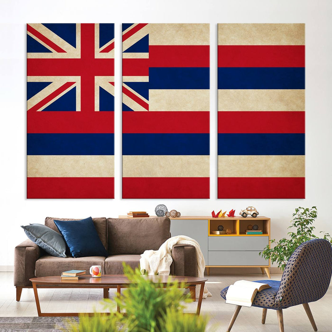 A stunning piece titled "Hawaii USA States Flag Wall Art Canvas Print" adorns the wall. This gallery-wrapped artwork is printed on museum-quality canvas and features a UV-protective coating, ensuring its vibrant colors remain timelessly beautiful.