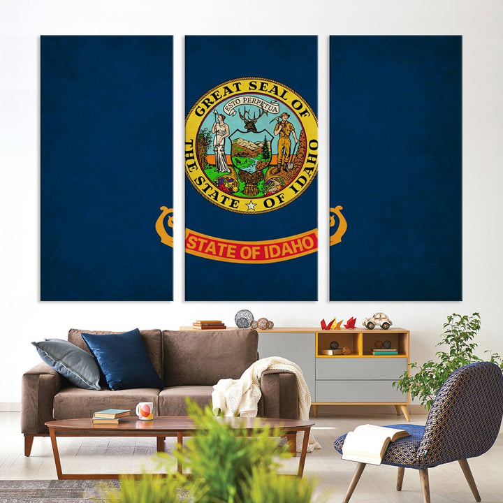 The Idaho USA States Flag Wall Art Canvas Print, featuring a UV-protective coating for lasting vibrancy, is ready to hang.