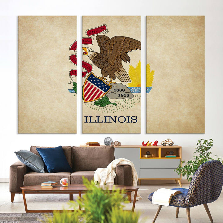 The Illinois State Flag Wall Art Canvas Print, crafted on museum-quality canvas with a UV-protective coating, is displayed prominently.