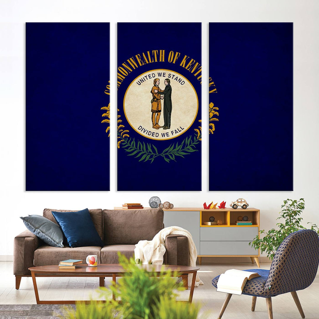 A museum-quality canvas of the Kentucky State Flag Wall Art graces the wall, featuring a UV-protective coating to maintain its vivid colors. Benefit from free shipping on this impressive home decor piece.