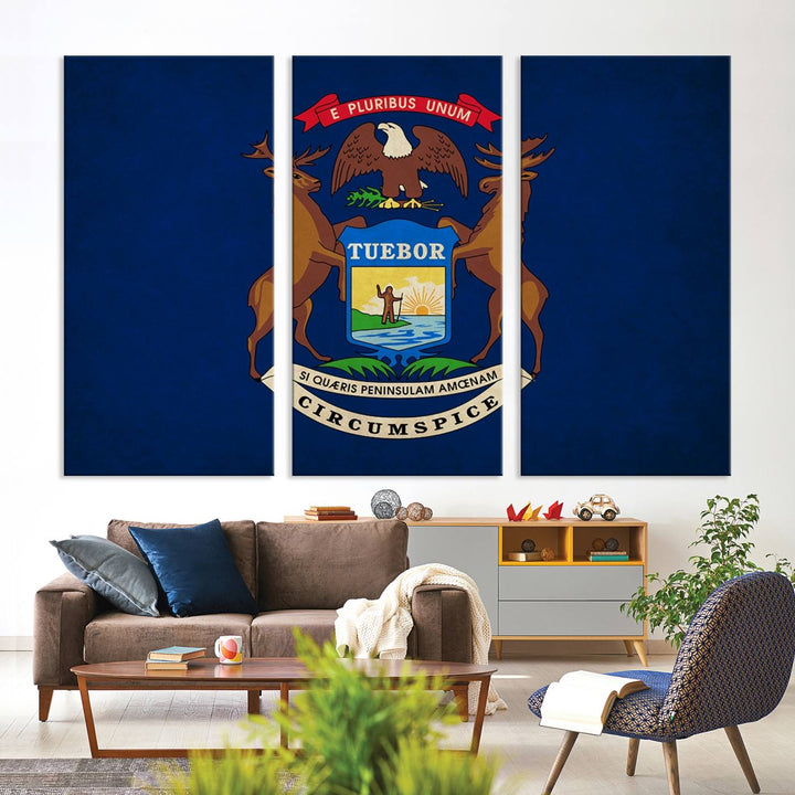 A piece of Michigan State Flag Wall Art on museum-quality canvas features a UV-protective coating to maintain its vibrant colors.