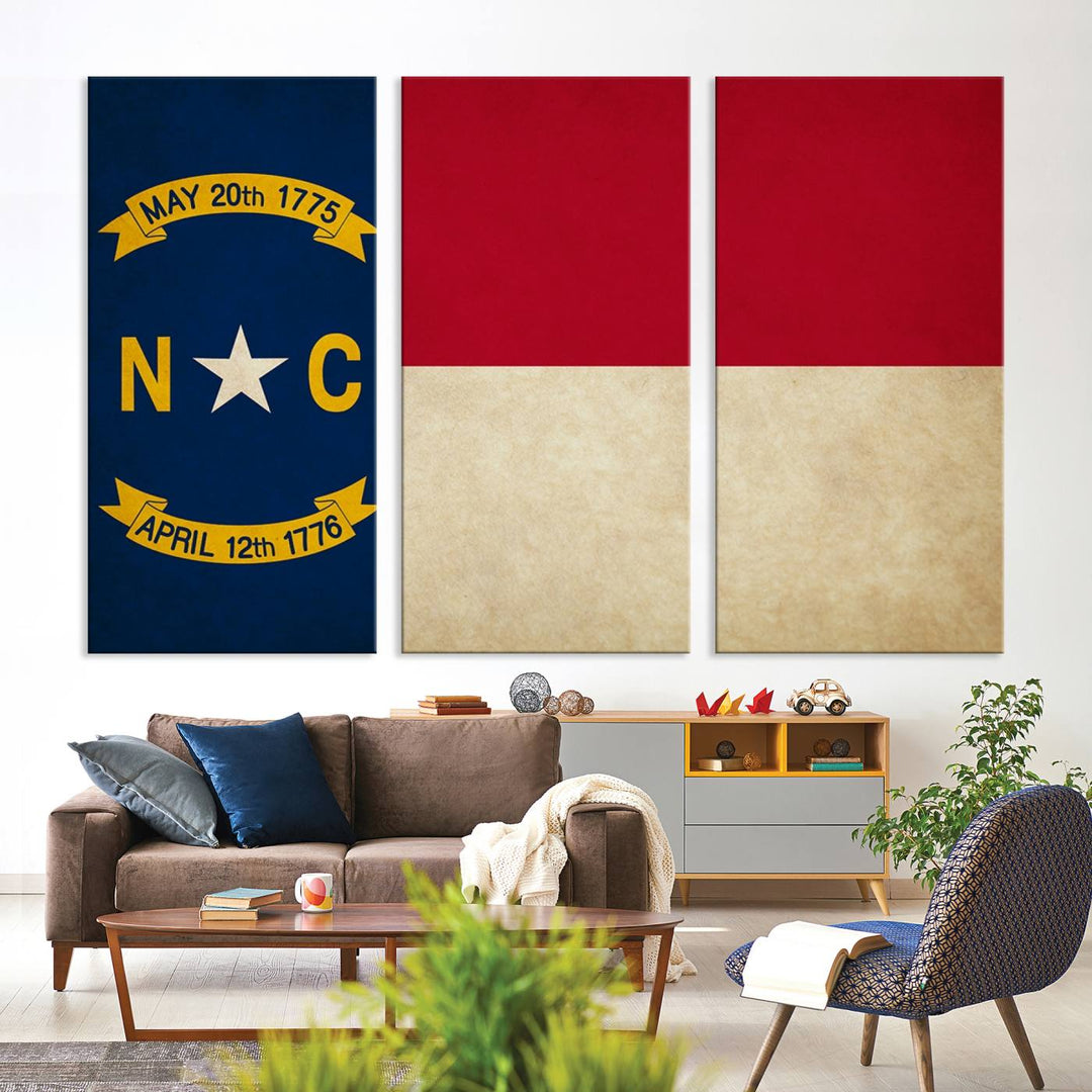 A museum-quality North Carolina State Flag Wall Art Canvas Print graces the wall, adding charm and character to any living space. Enjoy free shipping on this timeless piece.