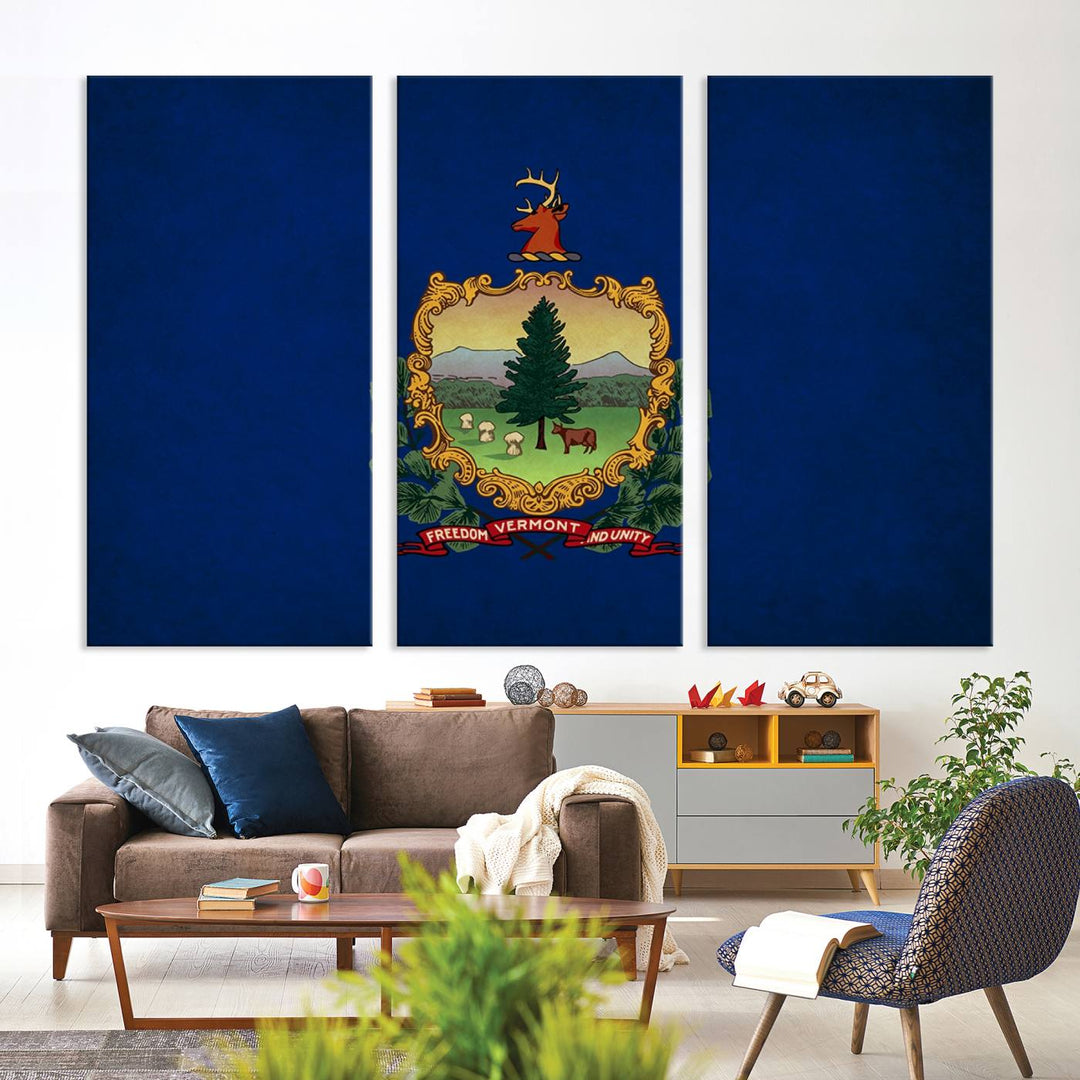 The Vermont Flag Wall Art Canvas Print is a museum-quality piece enhanced with UV-protective finishes, offering both style and durability. Enjoy free shipping on this classic decor addition.