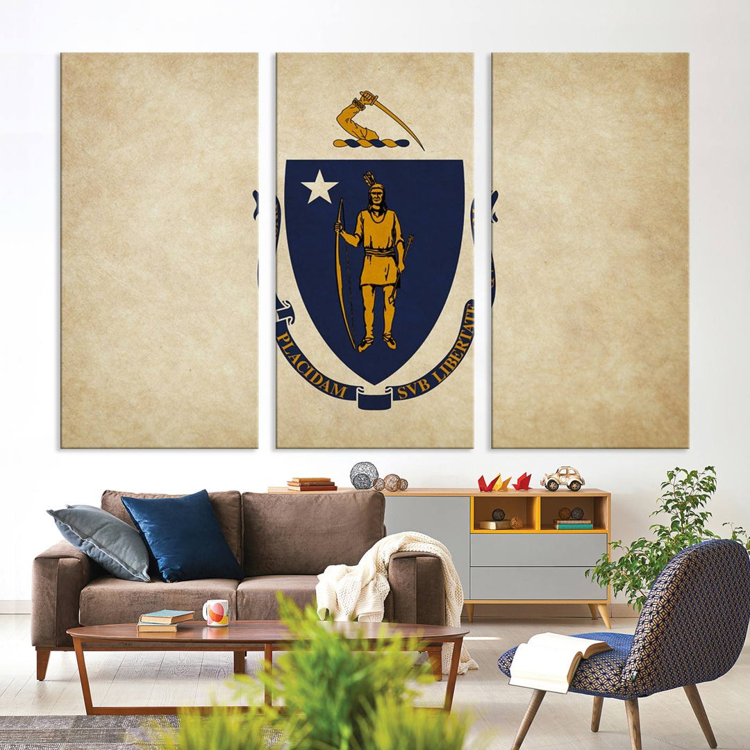 The Massachusetts State of Flag Wall Art Canvas Print, handcrafted on a museum-quality canvas with UV-protective coating, decorates the wall. It is ready to hang and adds a touch of elegance to the space.