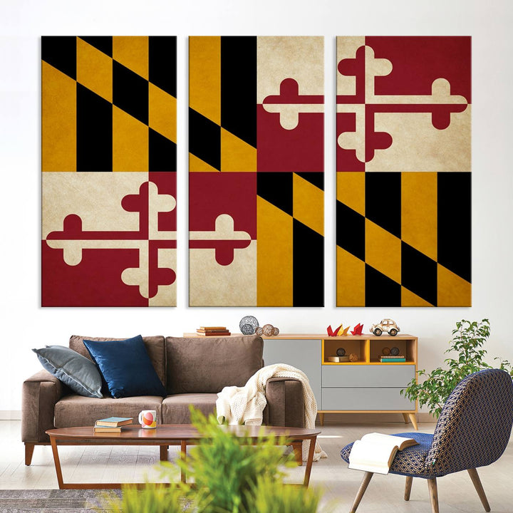 The Maryland Flag Wall Art Canvas Print, boasting a UV-protective coating for vibrant colors and durability, is a museum-quality piece offered with free shipping, making it the perfect addition to your space.