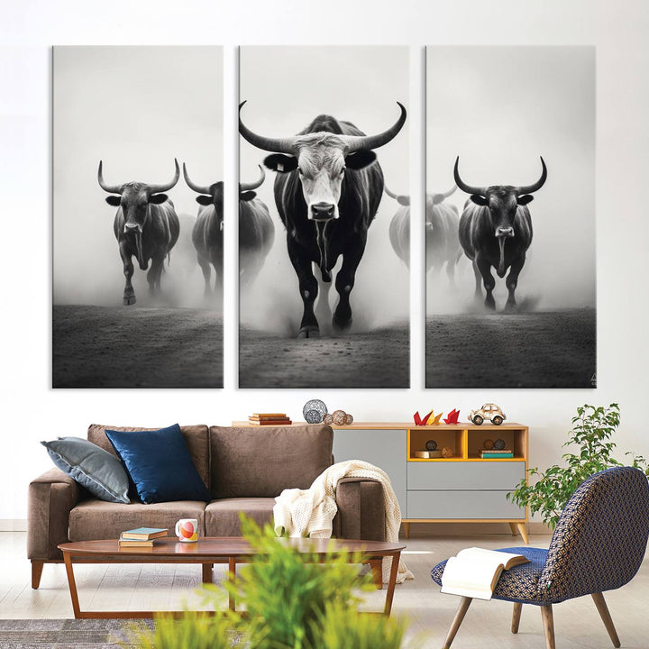 The Texas Longhorn Cow Animal Wall Art Canvas Print beautifully embellishes the area with its depiction of longhorn cattle in a misty setting, seamlessly integrating Western decor into the space.