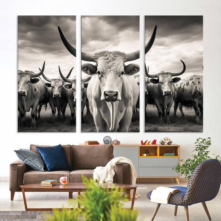 A Texas Longhorn Cow Animal Wall Art Canvas Print introduces a Western-themed accent.