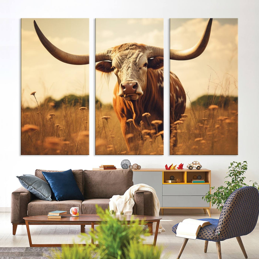 Impression sur toile d’art mural de vache Bighorn, impression sur toile d’animal de vache Longhorn Texas