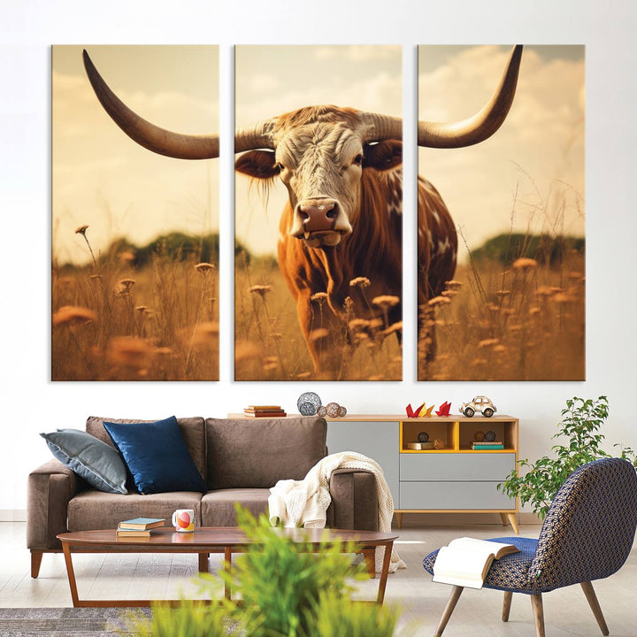 Cow Bighorn Wall Art Canvas Print, Longhorn Texas Cow Animal Canvas Print