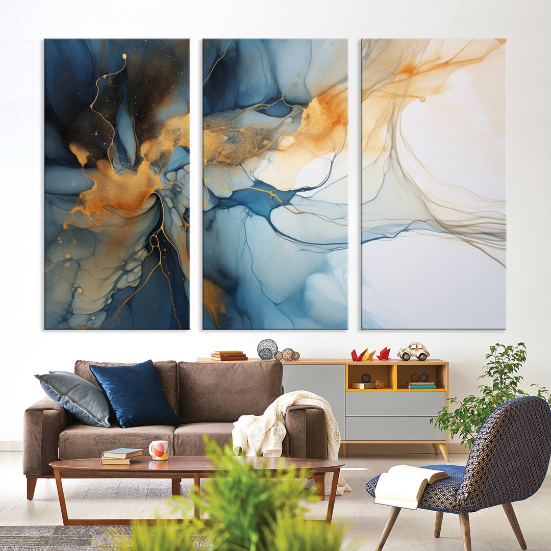 Navy Blue Orange Abstract Wall Art, Abstract Printing, Abstract Canvas Print