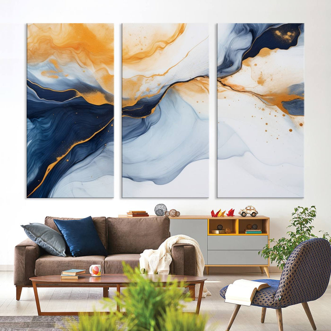 Modern living room featuring the 'Extra Large Orange Navy Blue Abstract Wall Art Canvas Print.'