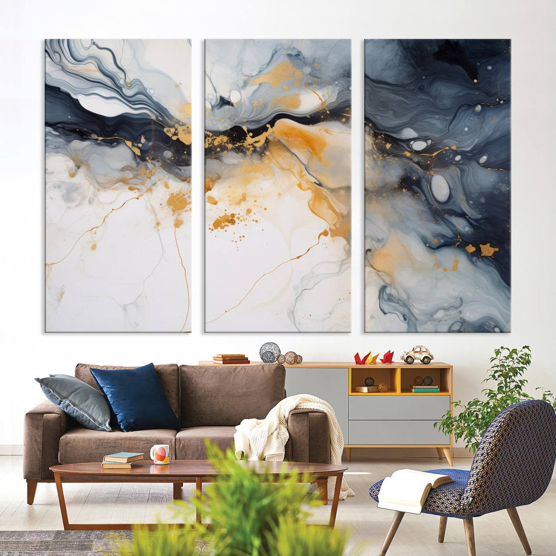 The Dark Blue and Orange Abstract Wall Art, featuring museum-quality canvas with captivating dark and golden swirls, is ready to hang and boasts a UV-protective coating to ensure enduring vibrancy and sophistication.