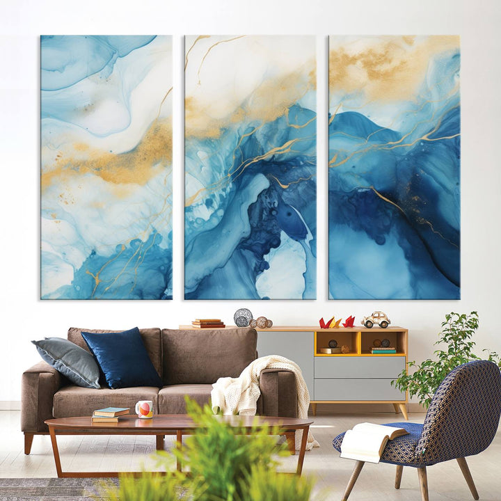 Blue and Gold Abstract Canvas Wall Art Print – Contemporary Fluid Design with Luxe Marble Effect – Ready to Hang