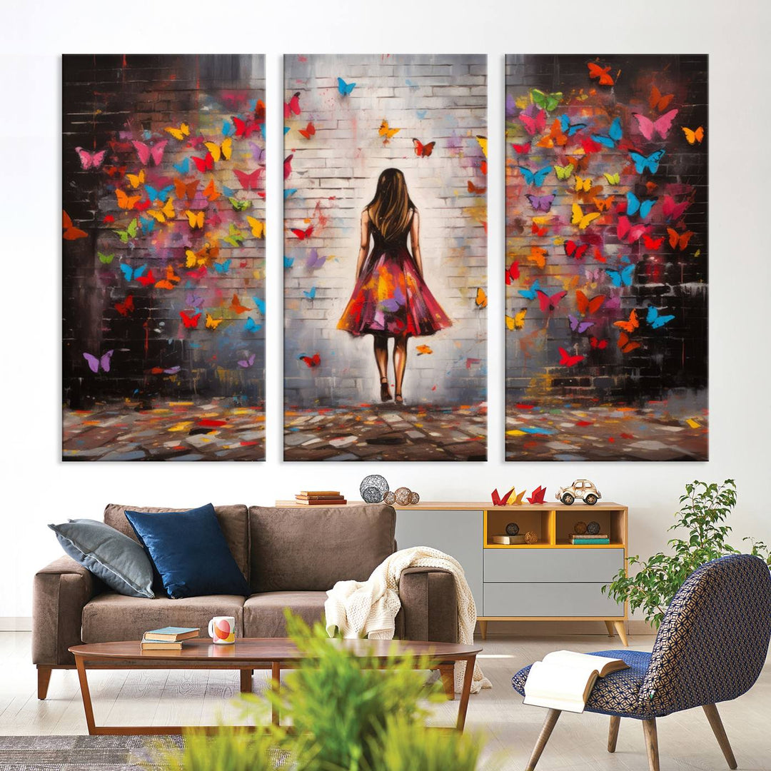 A vibrant artwork titled "Graffiti Wall Art Canvas Print Girl Butterfly Graffiti Abstract Canvas Print" is displayed above the couch. This gallery-wrapped masterpiece, printed on museum-quality canvas, features a UV-protective coating to preserve its vivid beauty.