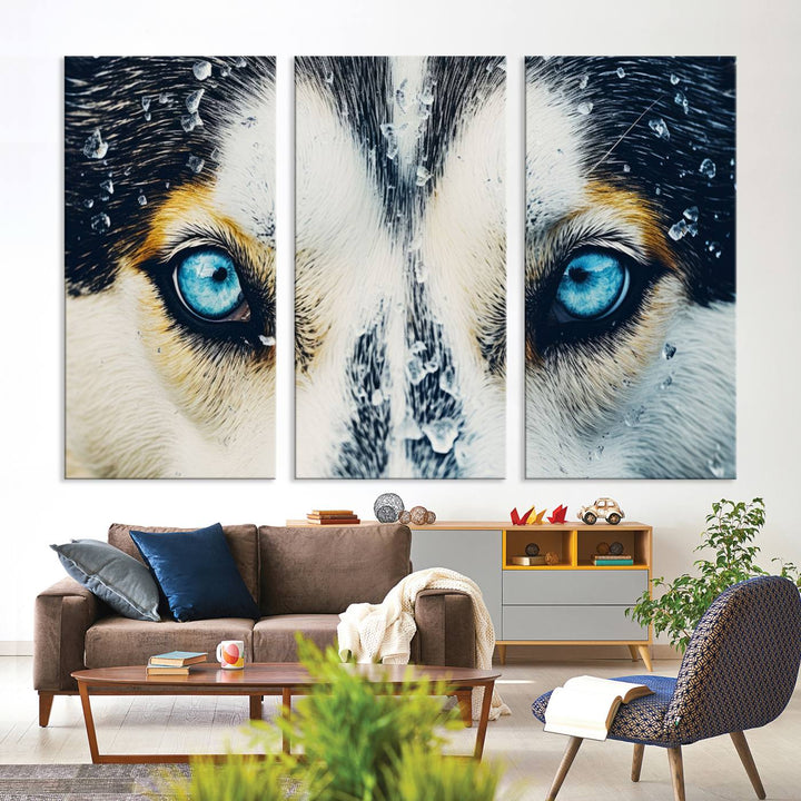 The captivating "Winter Siberian Husky Wolf EYE Wall Art Canvas Print" showcases the striking blue eyes of the animal portrait.