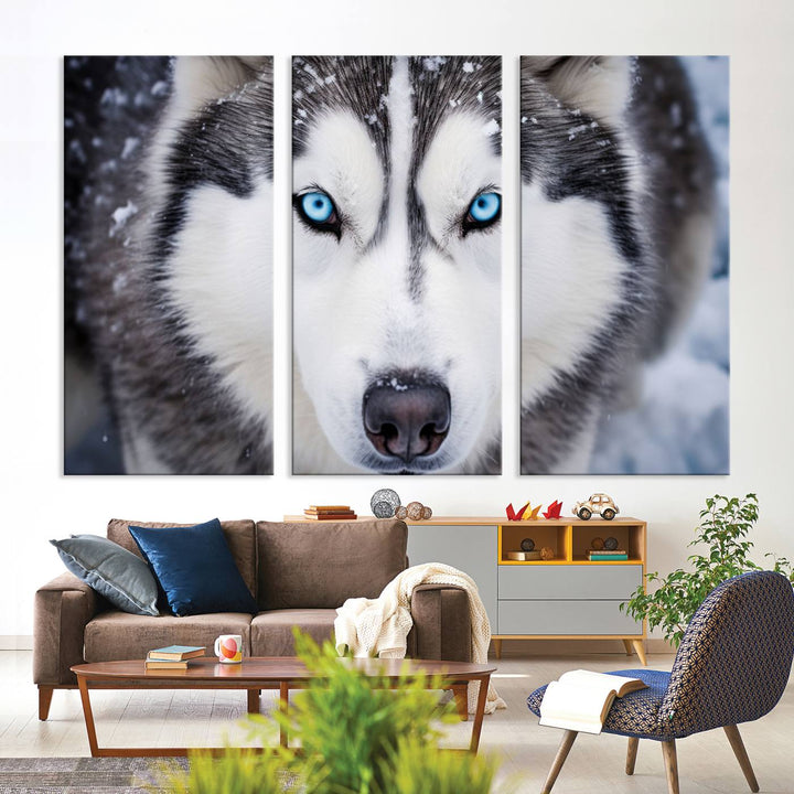 A large framed Winter Siberian Husky Wolf Wall Art Canvas Print, an exquisite piece of animal portrait decor, hangs prominently on the wall.